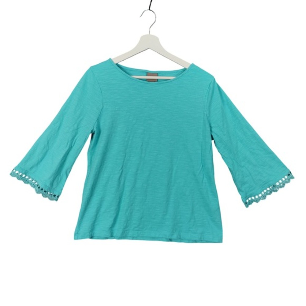 Chico's Womens Coastal Artsy Crochet Trim Knit Top 1 M Turquoise 3/4 Bell Sleeve